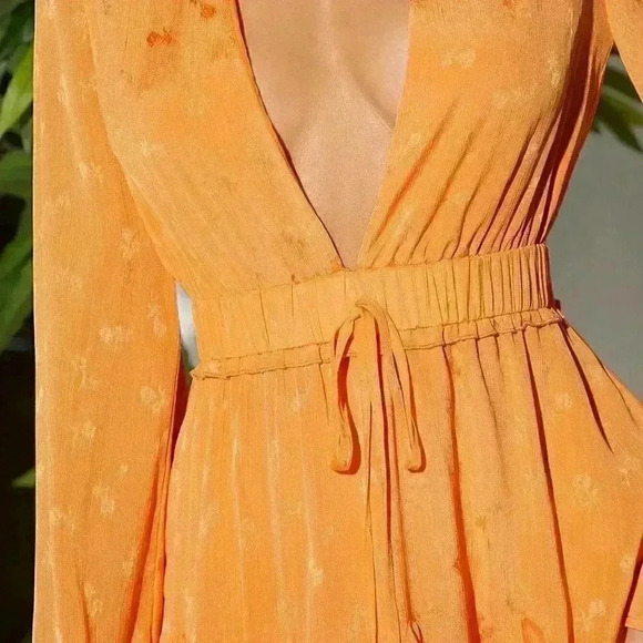 Orange Boho Womens Plunging Neck Knot Front Solid Dress - Picture 4 of 5